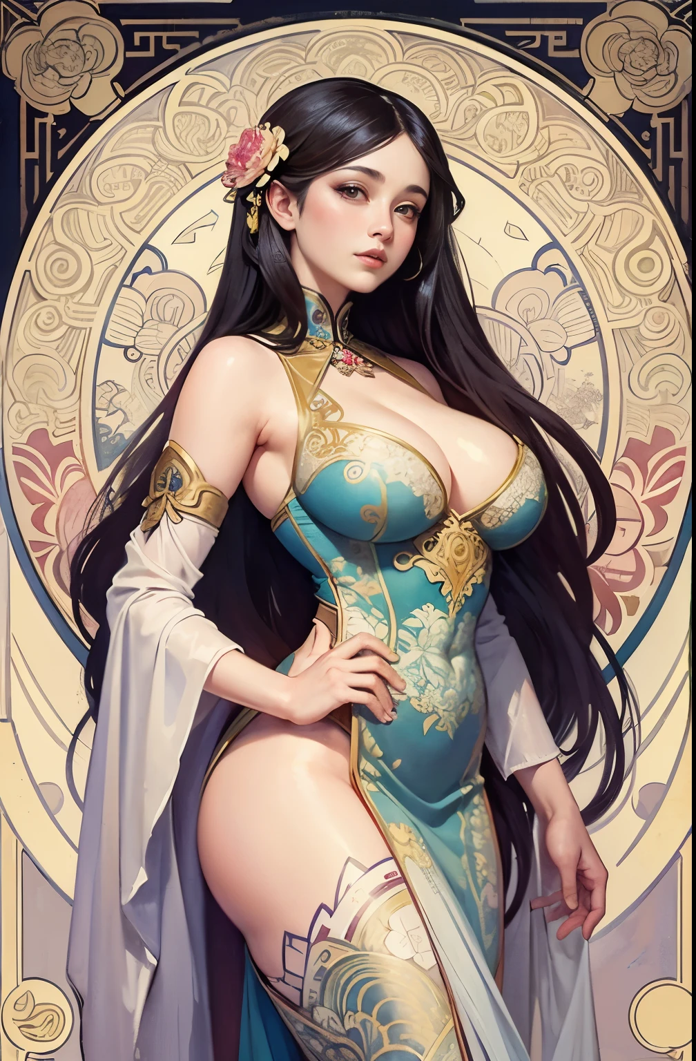 ((masterpiece)), (best quality), (cinematic), art nouveau style watercolor painting , Chinese goddess, large breasts, big eyes, long thick eyelashes, cleavage, full lips, long thick hair, wide hips, high ponytail. Flower_background, featuring intricate designs and patterns in the style of Alphonse Mucha.