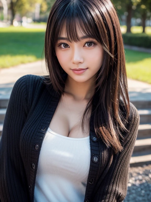 (8k, RAW photo, best quality, masterpiece, ultra detailed:1.2),(realistic, photo-realistic:1.4), upper body shot, (extremely cute Japanese idol:1.2), 20 years old, (detailed skin, detailed face: 1.2), sharp focus, SIGMA 85mm f/1.4., depth of field, blur background, bokeh, cinematic lighting, soft light, midnight, pale skin, brown eyes, naughty smile, seductive, kawaii, looking at viewer, short straight black hair, random solid winter outfit, random pose, park, big breasts