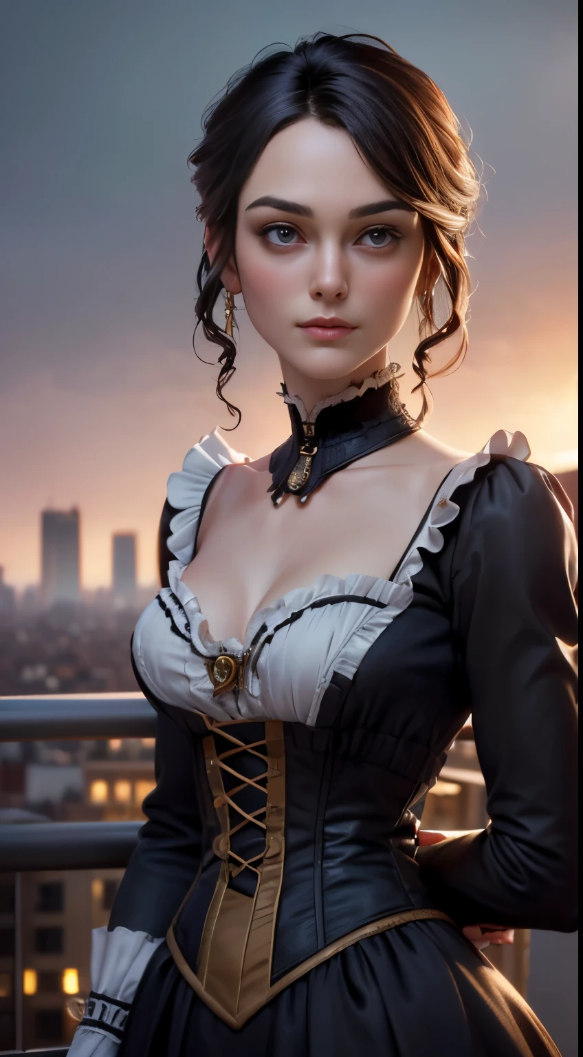 photo of Keira Knightley, RAW, beautiful woman, ((portrait)), ((detailed face:1.2)), ((detailed facial feature, detailed skin, clear skin), (perfect proportioned body, medium breasts), (wearing a Victorian era dress) (high detailed city environment, apartment balcony), (realistic photo, best quality, detailed), (8k wallpaper), (cinematic lighting, dramatic lighting) (sharp focus, intricate)