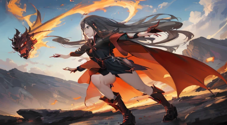 A woman wearing a black dress and red cloak is holding a dragon, by Yang J, artgerm and atey ghailan, Dragon Girl, anime fantasy artwork, Trending on ArtStation pixiv, anime fantasy illustration, epic Fantasy Art Style, very detailed Artgerm, queen of dragons, anime epic artwork, Fantasy Art Style, Style ArtGerm