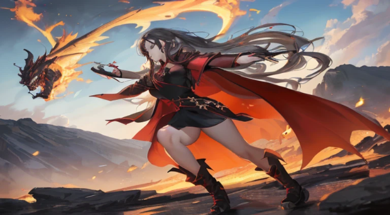 A woman wearing a black dress and red cloak is holding a dragon, by Yang J, artgerm and atey ghailan, Dragon Girl, anime fantasy artwork, Trending on ArtStation pixiv, anime fantasy illustration, epic Fantasy Art Style, very detailed Artgerm, queen of dragons, anime epic artwork, Fantasy Art Style, Style ArtGerm