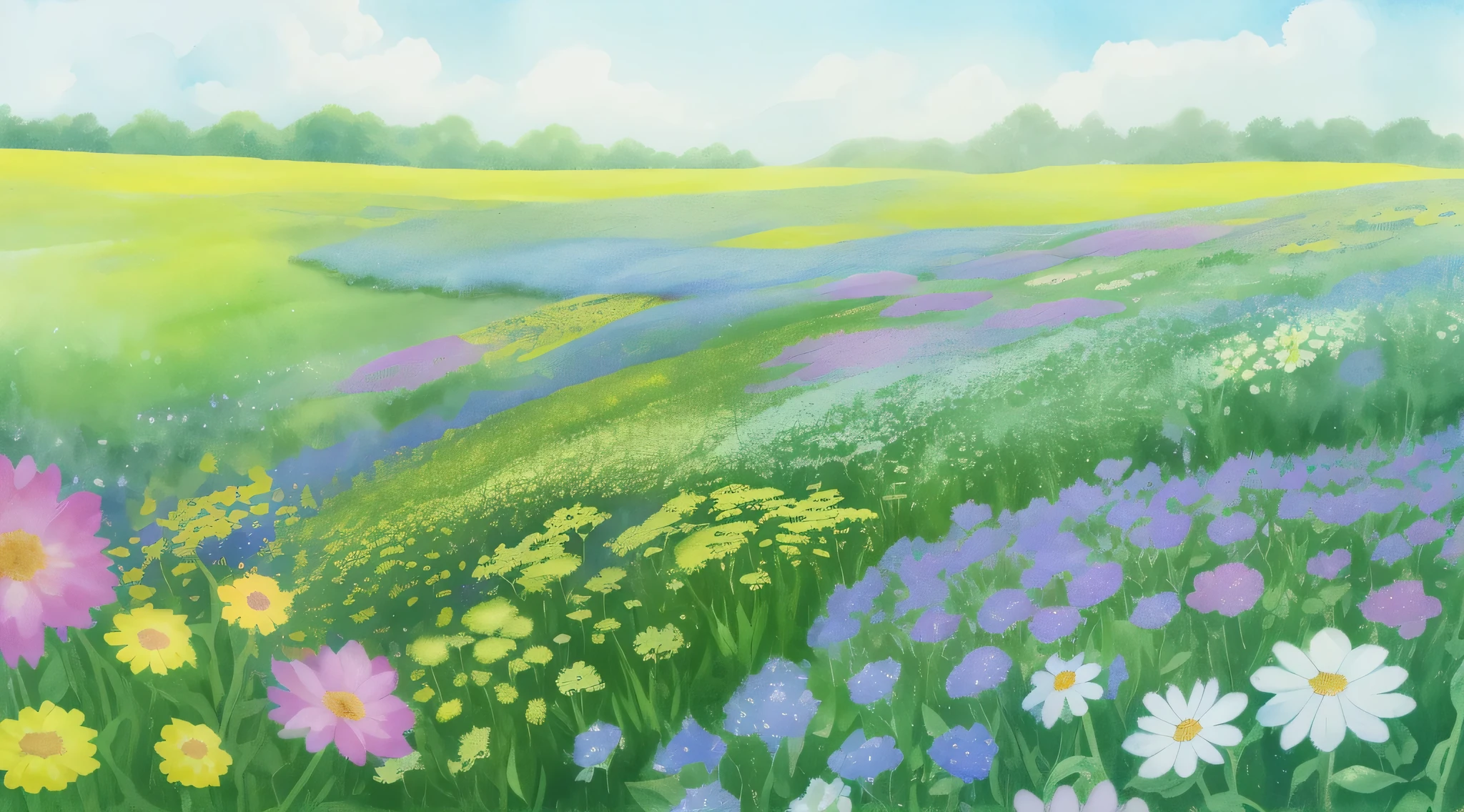 a lush flower field,the watercolor style