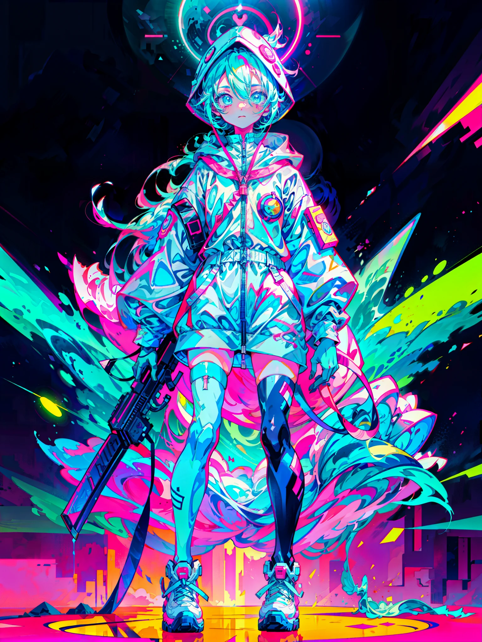 anime girl tied long hair, wearing an astronaut suit, neon blue hair, pink colours, scars, stickers, neon style of whole shot, cool pose, full body view, cute face, gun in hand