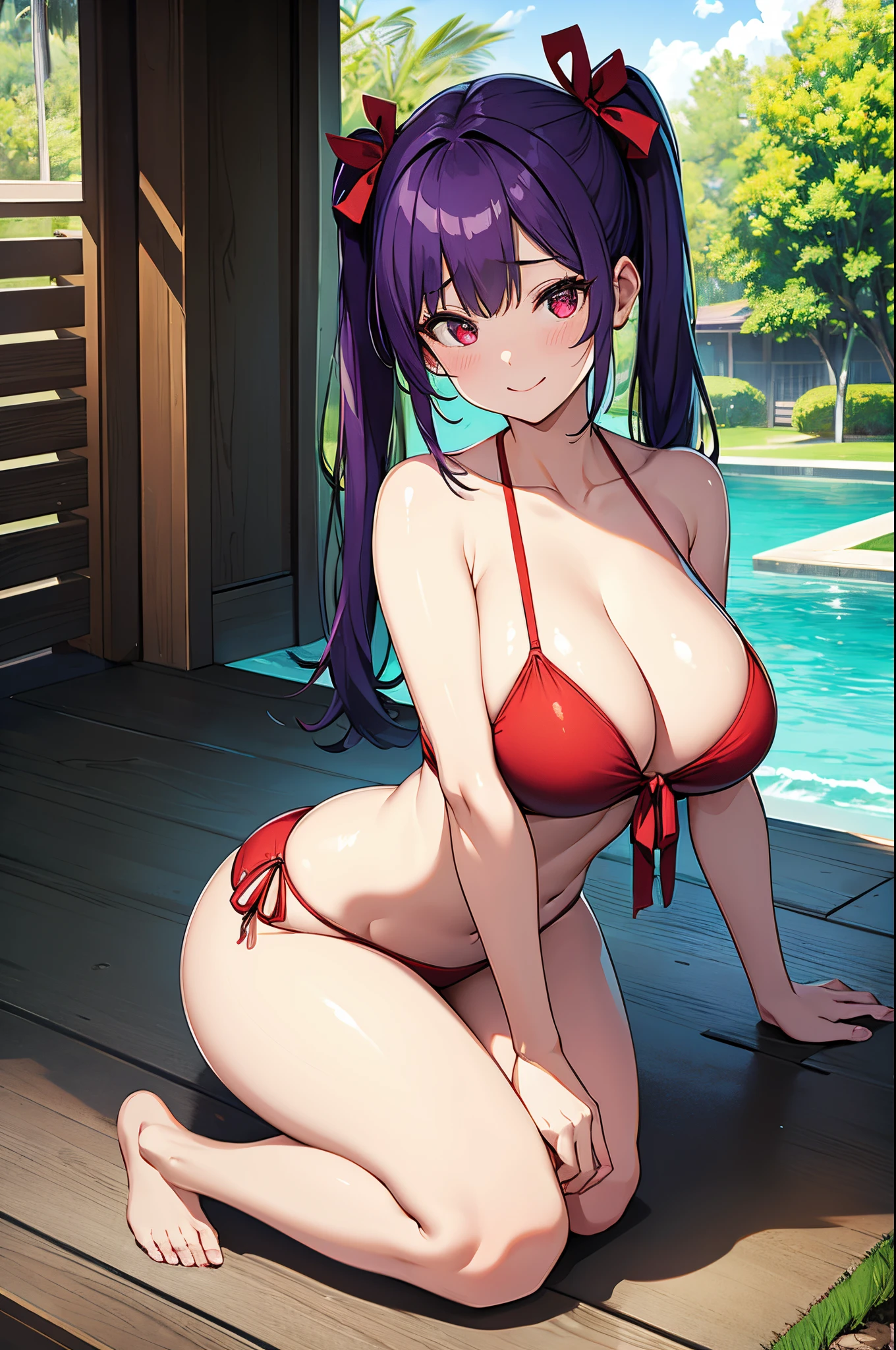 ８K、Best Quality、Midsummer beach、、独奏、a beauty girl、delicated face、A smile、Long pigtails、Purple hair、red eyes、Colossal tits:1.8、big butts:5.5、big breasts thin waist、Beautiful constriction、shinny skin、beauty legs、cleavage of the breast、crouching down、Tie your hair with a red ribbon、Low-rise swimwear、body wet with white liquid、