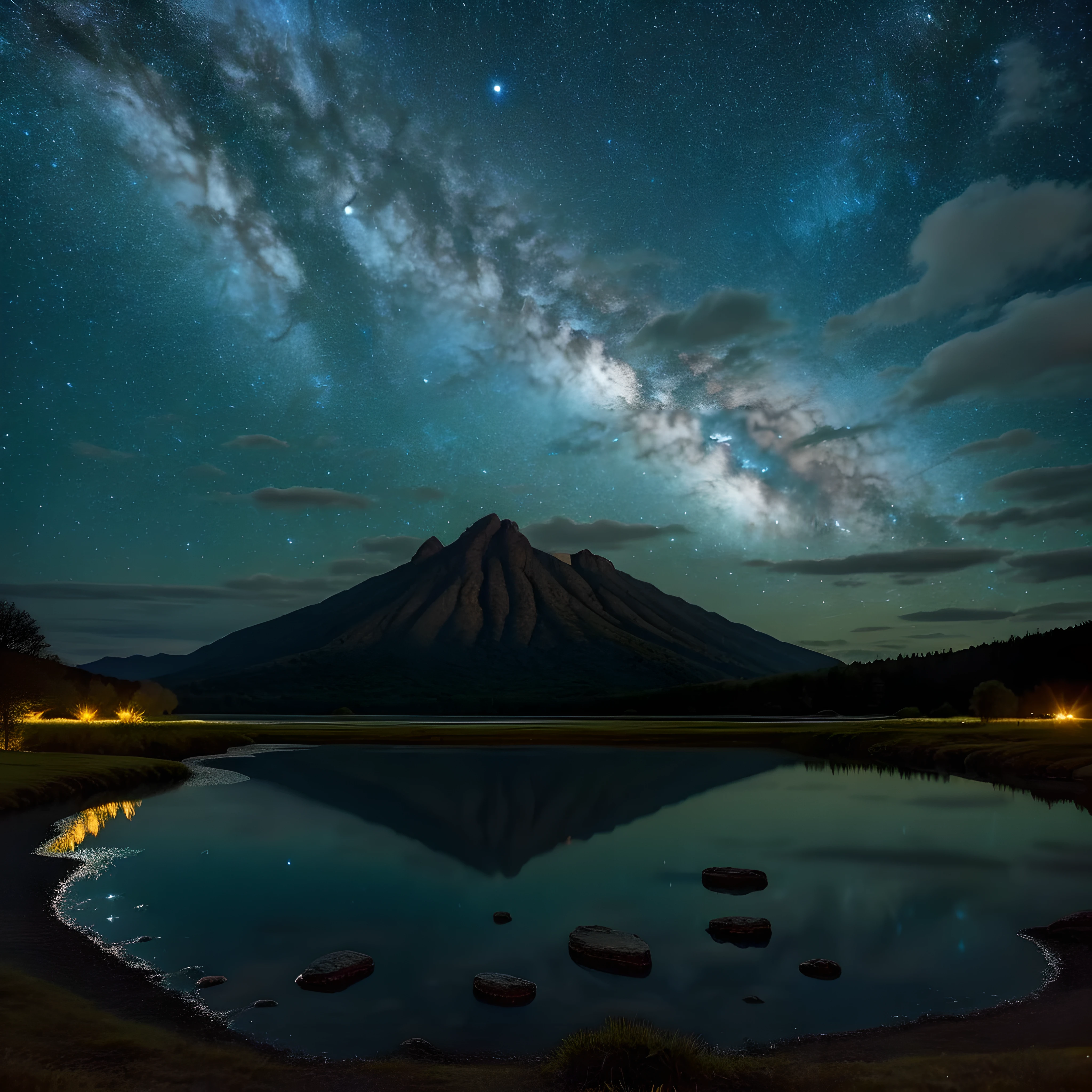 céleste, galaxie géante, luciol, papillon de nuit, Nuit féérique, une vue sur un lac entouré d'arbres verts luxuriants et d'Ciel avec l'univers et une grosse lune, épopée, onirique nuit, paysage nocturne fantastique, mystique Paysage fantastique nuit, Paysage magique de nuit, Paysage de rêve de nuit, lac mystique vue vista nuit, magnifique Paysage de rêve nuit, Lagune de la forêt mystique nuit, Paysage éthéré nuit, Perdu dans un paysage féerique de rêve nuit, Paysage de rêve surréaliste nocturne, lac mystique nuit, impressionnant Paysage fantastique nuit, Paysage de rêve, Paysage forestier fantastique nuit, paysage fantastique, céleste, étoile, fanstastique nuit, ultra qualité, beaucoup de détails, Luciole, Poussière d'étoile, chaleureux, luciole partout, petit papillon brillant, petite fée