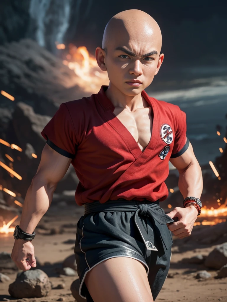 masterpiece, best quality), intricate detail, 8k, art station, wallpaper, official art, splash art, storm in the background, sharp focus, 1boy, (photorealistic:1.2) (bokeh) (best quality) (detail skin:1.3) (intricate detail) (8k) (detailed eyes) (sharp focus) krillin ,black hair,short hair,red shirt, battle damage, bald head  , red sash, black eyes, male focus,, solo,  , bracelet,