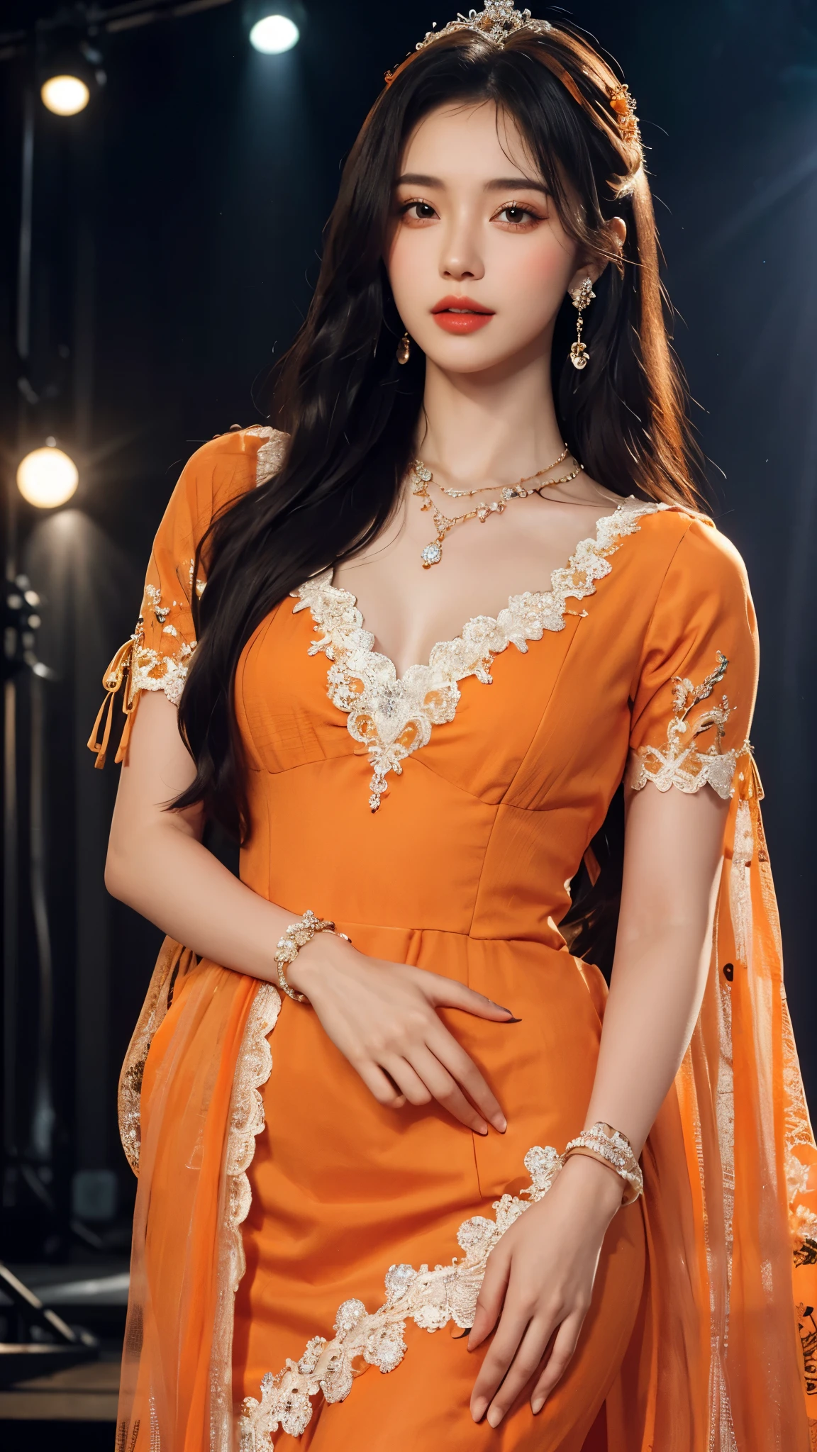 8k, masterpiece, 1 girl, beautiful face, white skin, very long hair, light makeup, detailed eyes, detailed lips, small breasts tight, realistic detailed, very detailed dress, princess dress, (orange dress:1.4), (wearing jewellery:1.5), (lace:1.4), ((stage background)), attractive poses,