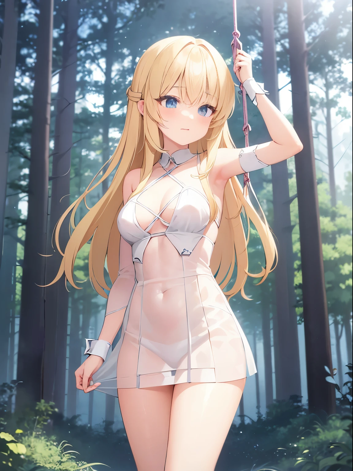 Cute anime girl, blonde hair, fairy, white thin dress, short skirt, exposed shoulders, forest background, transparent dress, see through dress, soft light skin, alluring thighs, legendary fairy, tied up, ropes, captured, tied up by ropes, bondage, nsfw, exposed private part, lifted skirt,