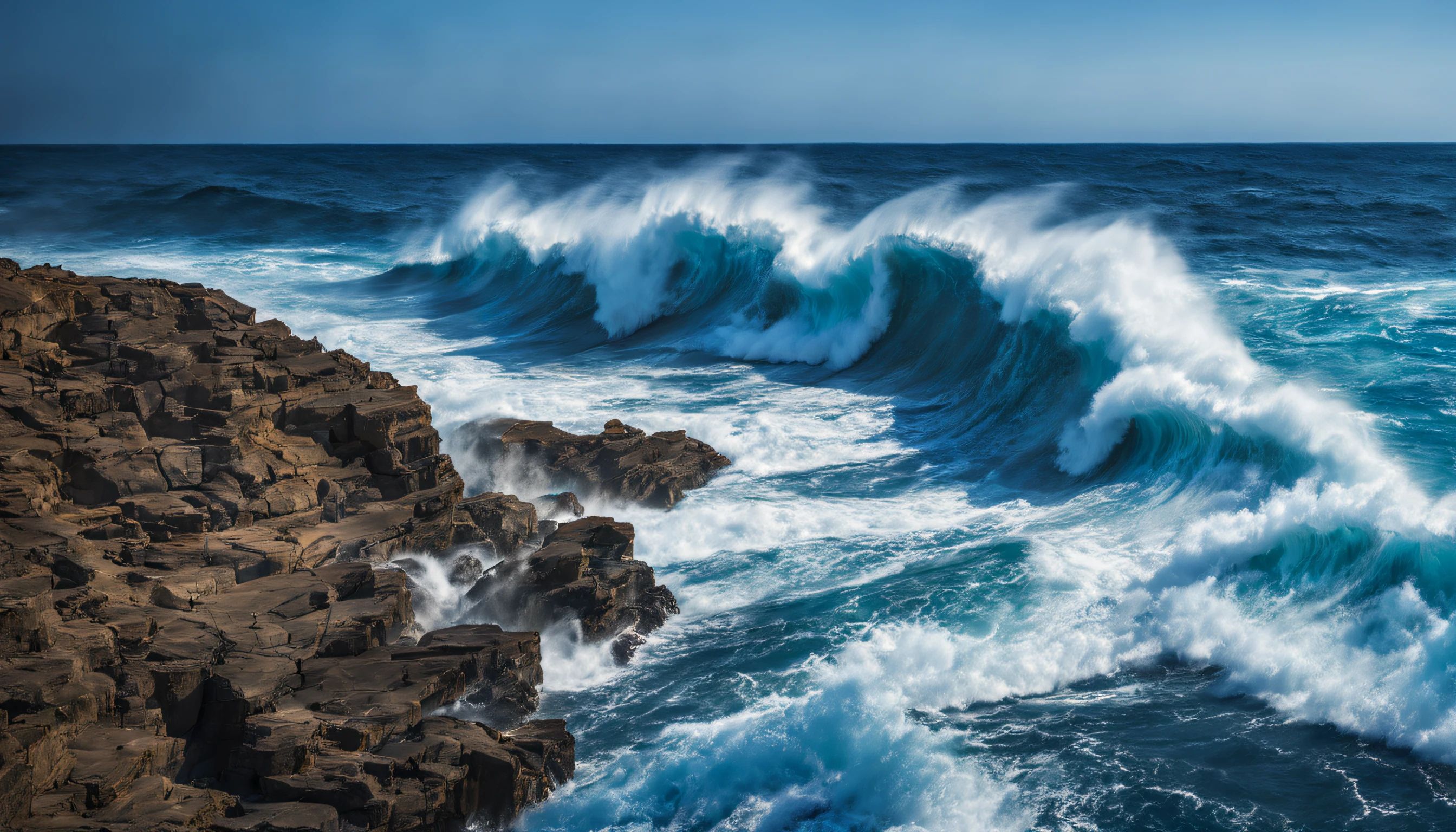 arafed view of a blue ocean with blue waves crashing, chaotic sea setting, breathtaking composition, beautiful sea landscapes, stunning ocean, magnificent background, beautiful background, beautiful dreamy breathtaking, beautiful blue ocean
