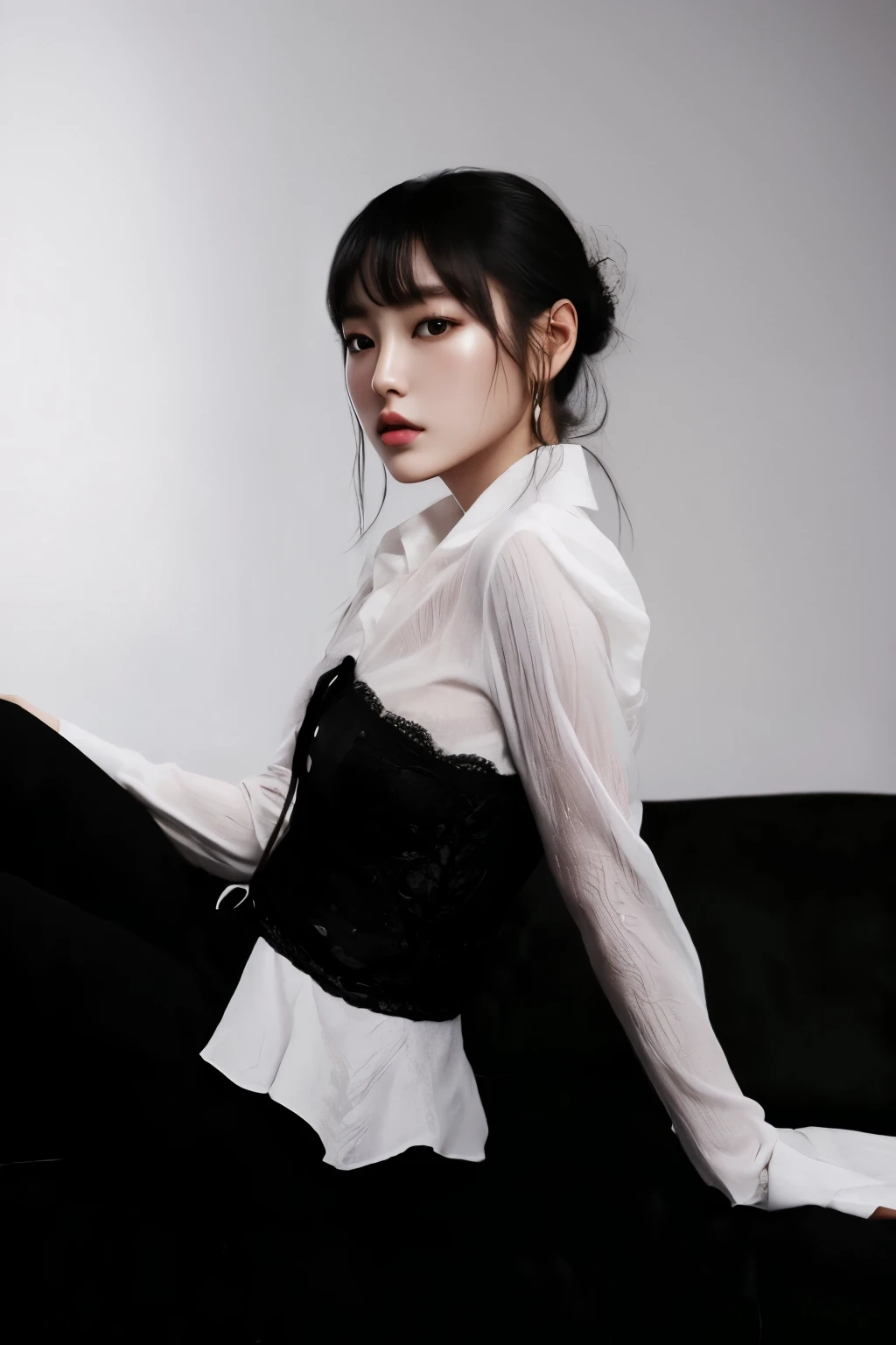 Arafa woman sitting on a sofa with a bun in her hair, com camisa branca e saia preta, jia, Gongbi, lu ji |, Jingna Zhang, Janice cantou, Bae Suzy, Lulu Ling, Lee Ji-eun, Lee Ji - Eun, inspirado por Zhou Wenjing, Xintong Chen, Modelo de moda feminina coreana, Heonhwa Choe