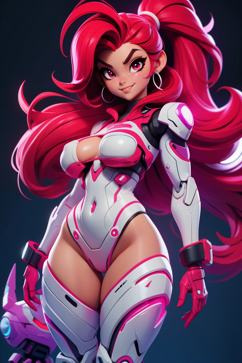 Create a half body shot voluptuous girl (((Maria Fernanda Galvão))) with very long red hair and red eyes, smilling, thick eyebrows, hacker, pale skin, wide hips, ((robotic legs and thighs prostheses)), ((wearing very small and tight white micro bikini)), ((strip micro bikini)), night time, good quality, perfect anatomy, 8k, masterpiece, by (Holaxes), gadgets, neon, cyberpunk, neon purple, neon magenta, cyberwave, best Character Design, 2077, (pixar), naught, lewd, (((nsfw)))