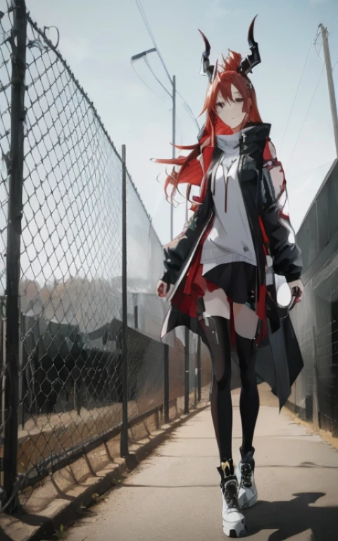 Anime girl with red hair and horns walking on the road, badass anime 8 K, demon anime girl, Anime style. 8K, Anime style 4 k, best anime 4k konachan wallpaper, Style Anime, from arknights, Demon Girl, with horns, Trending on ArtStation pixiv, 4k anime wallpaper, anime styled, epic Anime style