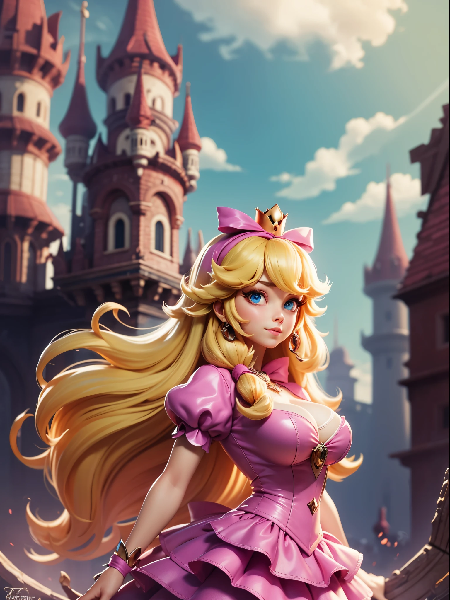 1girl, princess peach, solo, long hair, pink dress, looking at viewer, mario castle background, yellow hair, background, blue eyes, lips, closed mouth, ribbon, hair ribbon, large breast