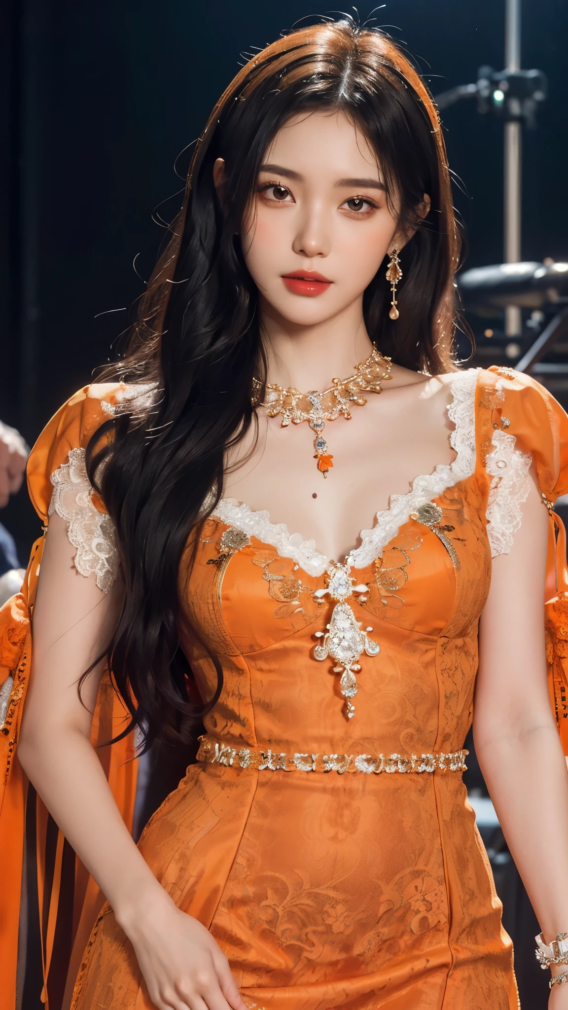 8k, masterpiece, 1 girl, beautiful face, white skin, very long hair, light makeup, detailed eyes, detailed lips, small breasts tight, realistic detailed, very detailed dress, princess dress, (orange dress:1.4), (wearing jewellery:1.5), (lace:1.4), ((stage background)), attractive poses,
