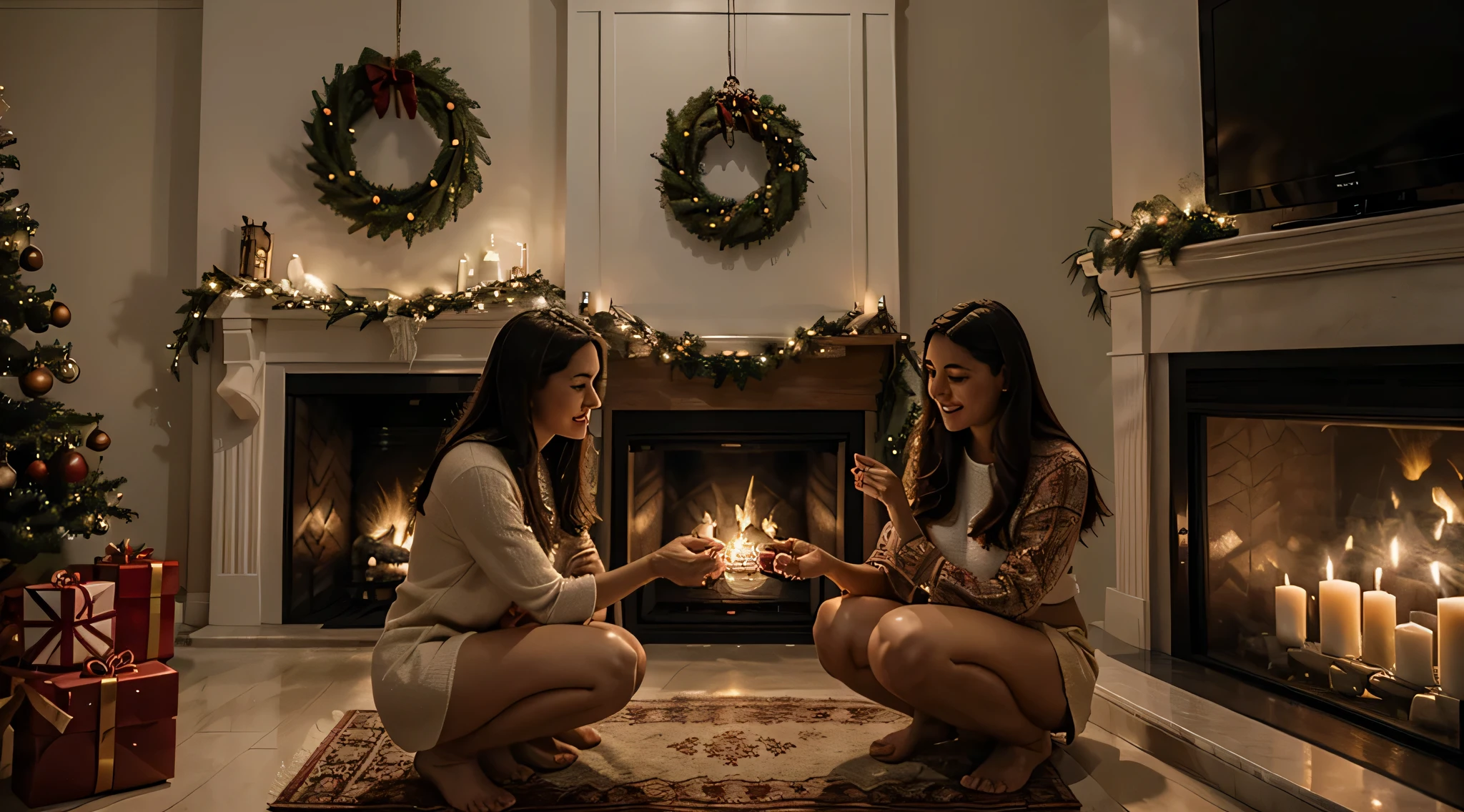 A Christmas scene with maximum quality, Advanced Detail Levels and Cinematic Style. The image shows a family gathered in front of the fireplace, with a decorated Christmas tree and wrapped gifts. The atmosphere is cozy and lit by candles.... The image conveys a sense of love, unity and gratitude. (4k) (Ultra realista)