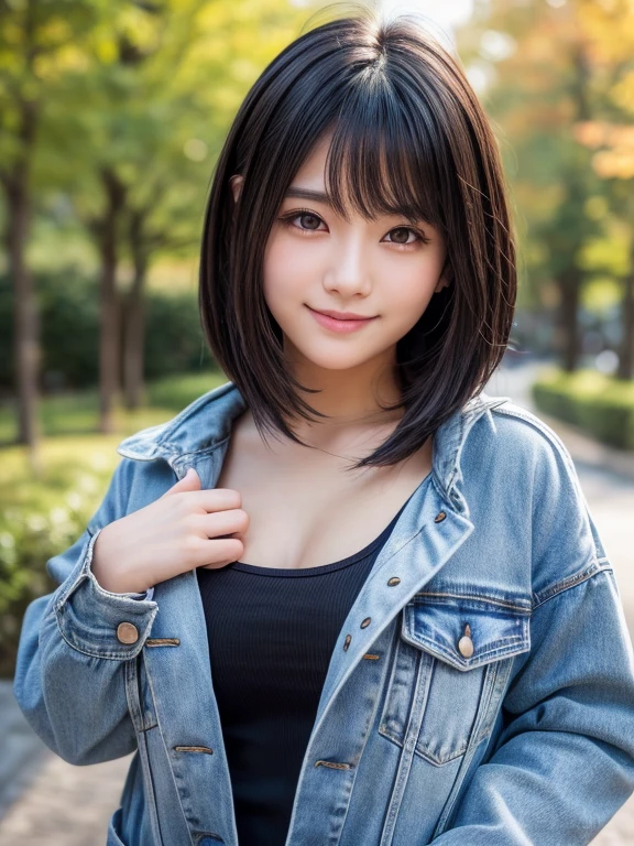 (8k, RAW photo, best quality, masterpiece, ultra detailed:1.2),(realistic, photo-realistic:1.4), upper body shot, (extremely cute Japanese idol:1.2), 20 years old, (detailed skin, detailed face: 1.2), sharp focus, SIGMA 85mm f/1.4., depth of field, blur background, bokeh, cinematic lighting, soft light, midnight, pale skin, brown eyes, naughty smile, seductive, kawaii, looking at viewer, short straight black hair, gray parka, random pose, jeans, park,