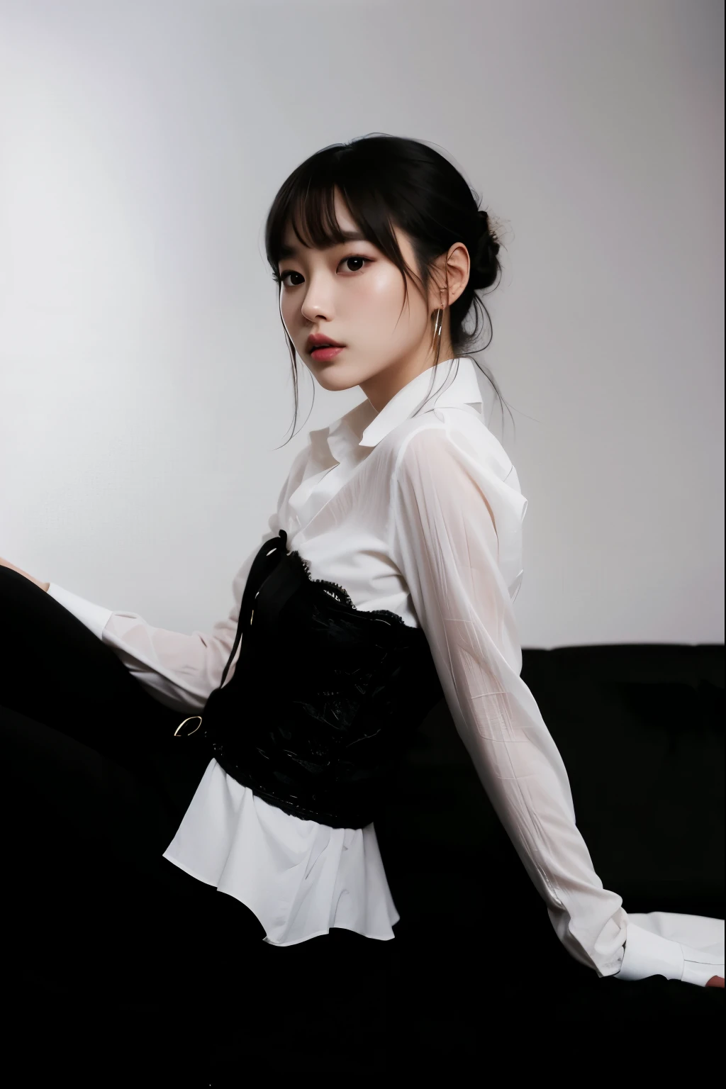 there is a woman sitting on a sofa wearing a white shirt, Portrait of female Korean idol, Modelo de moda feminina coreana, Gongbi, Hwang SE - EM, Lalisa Manobal, Xision Wu, Jinyoung Canela, Bae Suzy, Heonhwa Choe, jia, Capturado na Canon EOS R 6, inspirado em Ai Xuan