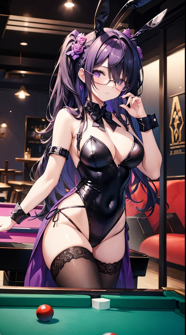 Female, 18 years old, purple-black hair trailing down to cover one eye eyes bunny girl costume Snooker table Wear round glasses Twittel hair
