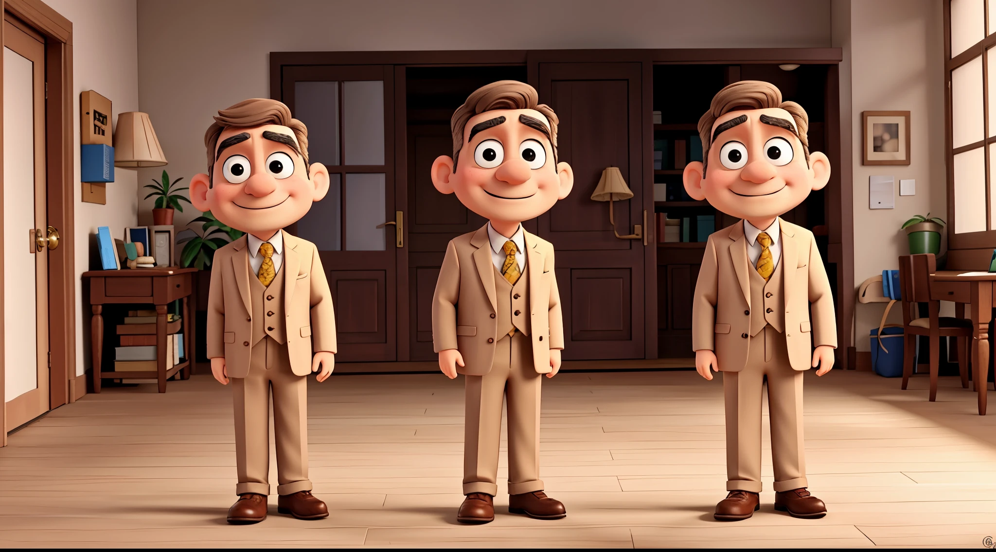 Create a scene of the character Mister Bean dressed in a beige suit, tie and brown pants, dancing