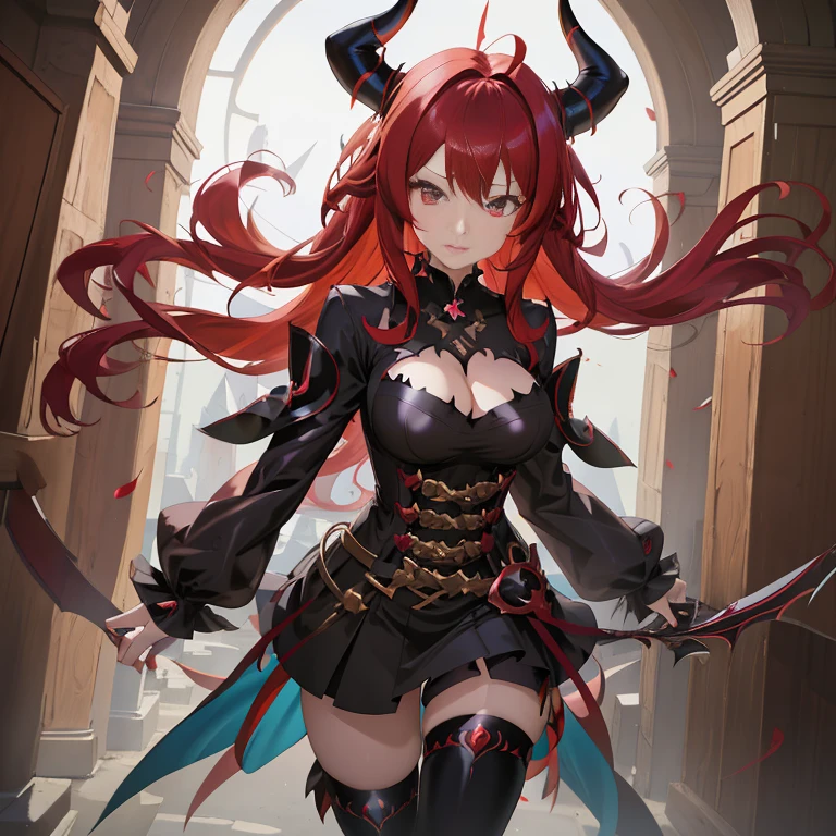 anime girl with red hair and horns in a black outfit, demon anime girl, Trending on ArtStation pixiv, portrait of a female demon, mika kurai demon, shadowverse style, Rias Gremory, shalltear bloodfallen, guweiz on pixiv artstation, succubus in tight short dress, a beautiful succubus, Demon Girl