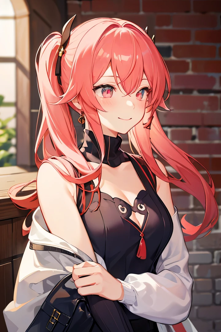 (Masterpiece:1.2, high quality), (pixiv:1.4), (1girl:1.2), (solo:1.2), (smirk:0.8), upper body, ((nilou)), (/genshin impact), Mature female body, eyeshadow, (turtleneck sweater), collarbone, indoors, blush, sidelocks, bangs, breasts, cleavage, blurry, blush, shining eyes, red hair, looking to the side, blowing hair, looking away, hair between eyes, smiling, upper body, brick wall background