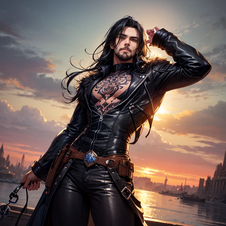 He's the villain, tattoos, dark, male, long hair, light facial hair