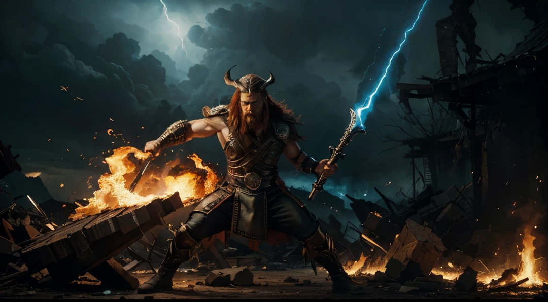 In a chaotic world of fire and destruction, the Norse gods clash in an epic battle to determine the fate of the universe. The scene is filled with intense action and drama as cosmic forces collide and ancient prophecies unfold. The contrasting elements of chaos and order, light and darkness, create a visually stunning masterpiece.

The main subject of the painting is Thor, the mighty god of thunder, with his muscular physique and flowing red hair. He wields his powerful hammer, Mjölnir, with great strength and determination. His eyes are filled with a fierce determination as he faces his adversaries.

The other Norse gods, such as Odin and Loki, are also present, each displaying their unique attributes and personalities. Odin, the wise Allfather, stands tall with his one remaining eye, surrounded by a mystical aura. Loki, the mischievous trickster, grins deviously as he conjures chaotic magic.

The backdrop of the painting depicts a war-torn landscape, ravaged by fire and crumbling structures. The sky is filled with swirling storm clouds and flashes of lightning, representing the impending apocalypse. The ground is littered with fallen warriors and debris, symbolizing the destruction brought upon by Ragnarok.

The artwork is created using a mix of traditional and digital media. The artist's brushstrokes are visible, adding an organic texture to the piece. The colors are vibrant and intense, highlighting the dramatic nature of the scene. The use of light and shadows adds depth and dimension to the painting, bringing the characters to life.

The painting is of the highest quality, with ultra-detailed elements that capture every intricate detail of the gods and their surroundings. The realism and photorealistic rendering of the artwork make it feel as if you are witnessing the apocalypse firsthand. The studio lighting and sharp focus further enhance the overall quality of the image.

The art style of the painting is inspired by concept artists, blending elements of fantasy and mythology. The color palette is rich and vibrant, with a mix of warm and cool tones creating a dynamic visual experience. The lighting effects create a sense of drama and emphasize the intensity of the battle.

Overall, the painting represents the epic tale of Ragnarok, the Apocalypse of the Norse Gods, with its intense action, dramatic atmosphere, and visually stunning imagery. It captures the essence of this mythological event and transports viewers to a world of chaos, destruction, and ultimate destiny.