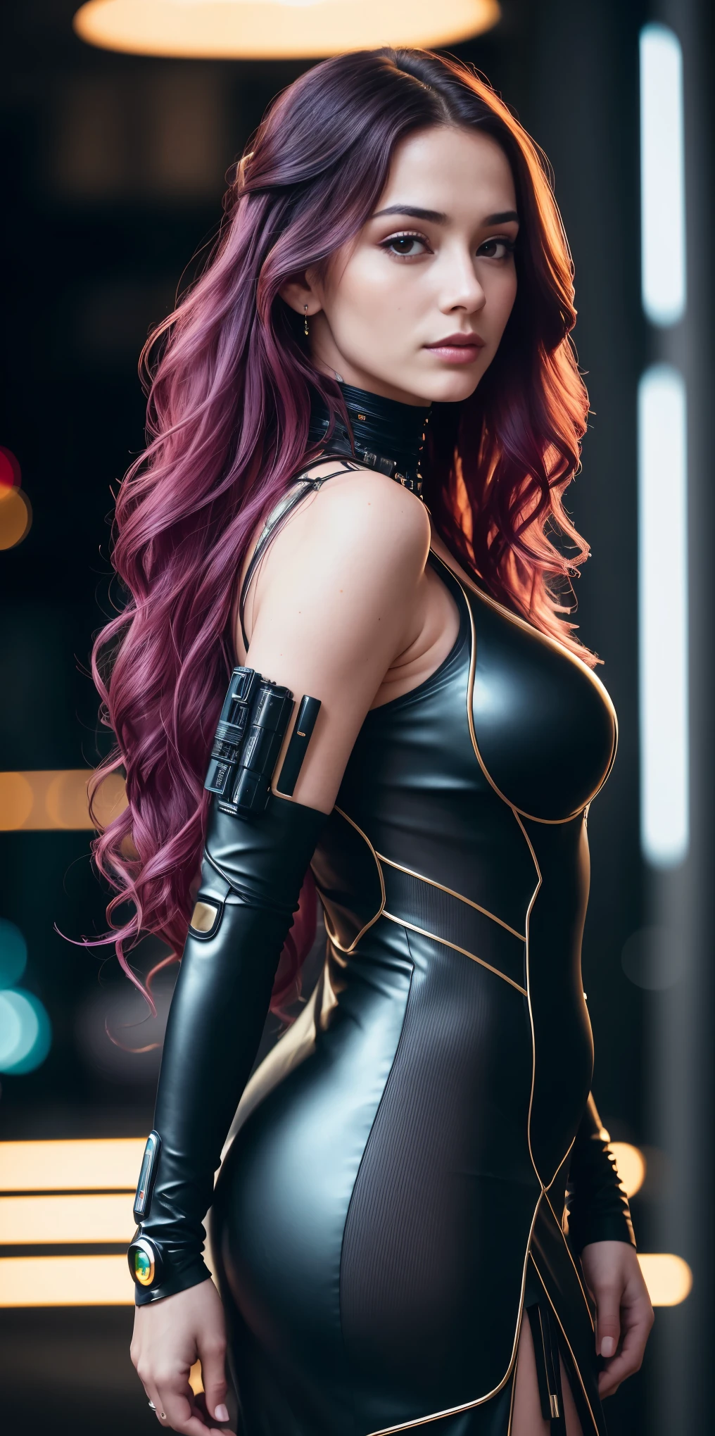 Full face portrait photo of a 25-year-old European girl, RAW, beautiful woman, semi-open strawberry lips, dimples, wistful look, (extra long wavy brown hair), ((detailed face)), ((detailed facial featureinely detailed skin), pale skin, (deep neckline detailed high-tech cyberpunk dress), cyberpunk megacity environment, (cool colors), damp, damp, reflectionasterpiece) (perfect proportion)(realistic photo)(best quality) (detailed) shot on a Canon EOS R5, 50mm lens, F/2.8, HDR, (8k) (wallpaper) (cinematic lighting) (dramatic lighting) (sharp focus) (intricate),RAW photo, gigachad photo, posing for camera, 8k uhd, dslr, high quality, grain film, Fujifilm XT3