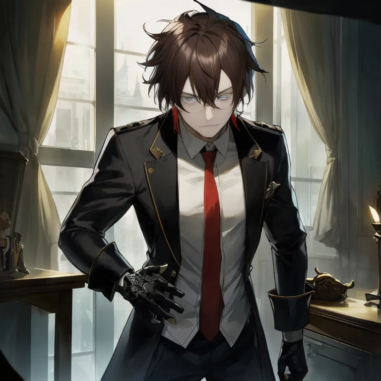 Anime character in suit and tie stands in front of window, Persona 5 Art Style wlop, inspired by Masanobu Okumura, inspired by Yamagata Hiro, kawacy, male anime characters, from girls frontline, shigenori soejima illustration, tall anime man with blue eyes, main character, anime concept hdr anime macmanus