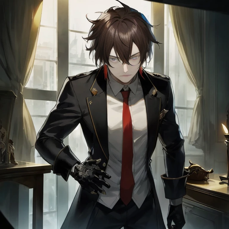 Anime character in suit and tie stands in front of window, Persona 5 Art Style wlop, inspired by Masanobu Okumura, inspired by Yamagata Hiro, kawacy, male anime characters, from girls frontline, shigenori soejima illustration, tall anime man with blue eyes, main character, anime concept hdr anime macmanus