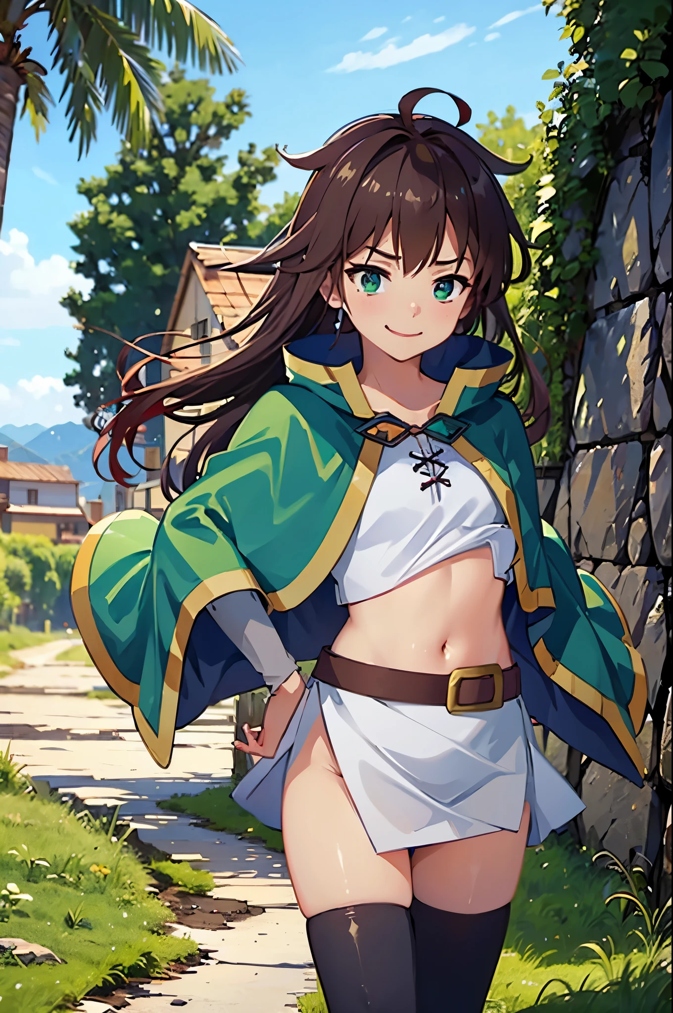 masterpiece, best quality, 1girl, kazuma girl, cowboy shot, (female body:1.3), (small body), child, long hair, brown hair, green eyes, green cape, capelet, boots, black pant, field, smiling, hand to hip, landscape, standing,finely detailed eyes and detailed face, extremely detailed CG unity 8k wallpaper, intricate details,depth of field, black pant, looking at viewer,