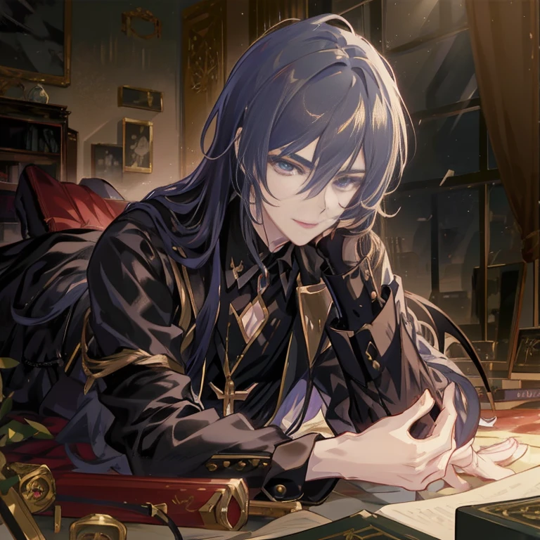 Anime - style image of a man in black leather clothes lying on the floor with a book, Rin, beautiful androgynous pRince, handsome guy in demon slayer art, delicate androgynous pRince, roguish smirk, today's featured anime still, his eyes are bleeding intense, inspired by Li Chevalier, Detailed key anime art