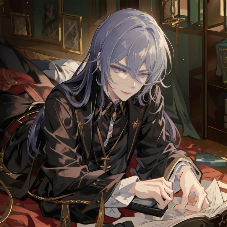 Anime - style image of a man in black leather clothes lying on the floor with a book, Rin, beautiful androgynous pRince, handsome guy in demon slayer art, delicate androgynous pRince, roguish smirk, today's featured anime still, his eyes are bleeding intense, inspired by Li Chevalier, Detailed key anime art