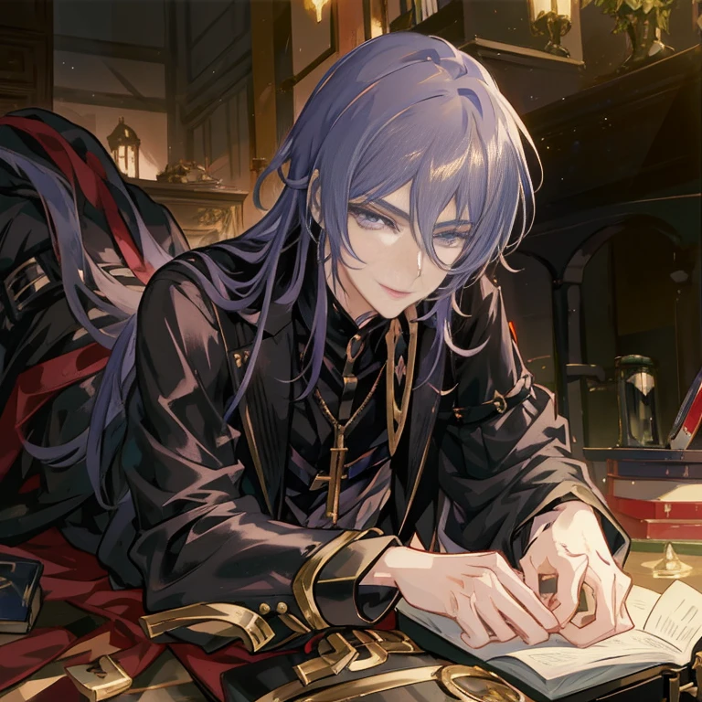 Anime - style image of a man in black leather clothes lying on the floor with a book, Rin, beautiful androgynous pRince, handsome guy in demon slayer art, delicate androgynous pRince, roguish smirk, today's featured anime still, his eyes are bleeding intense, inspired by Li Chevalier, Detailed key anime art