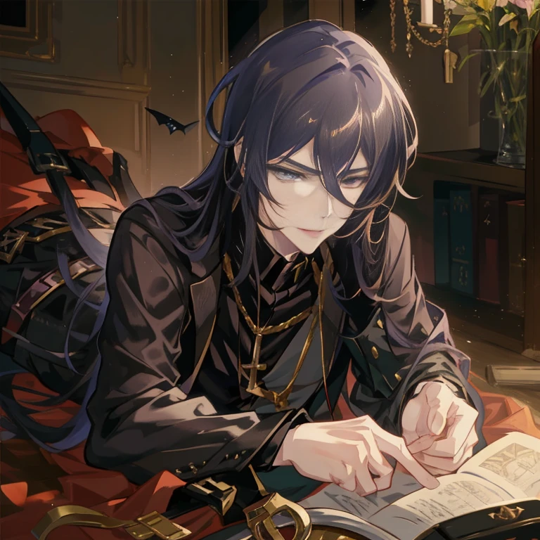 Anime - style image of a man in black leather clothes lying on the floor with a book, Rin, beautiful androgynous pRince, handsome guy in demon slayer art, delicate androgynous pRince, roguish smirk, today's featured anime still, his eyes are bleeding intense, inspired by Li Chevalier, Detailed key anime art