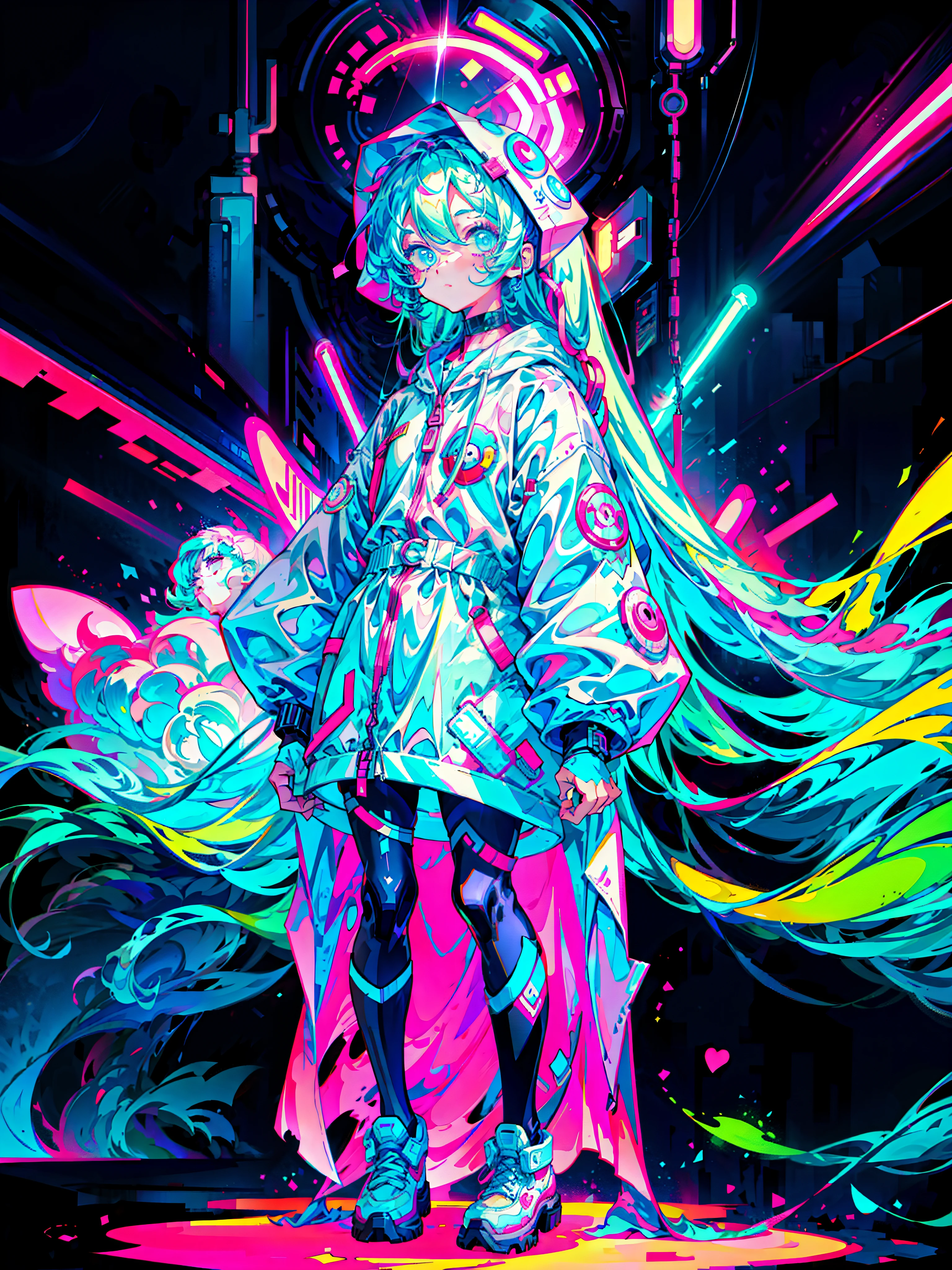 anime girl tied long hair, wearing an astronaut suit, neon blue hair, pink colours, scars, stickers, neon style of whole shot, cool pose, full body view, cute face, gun in hand