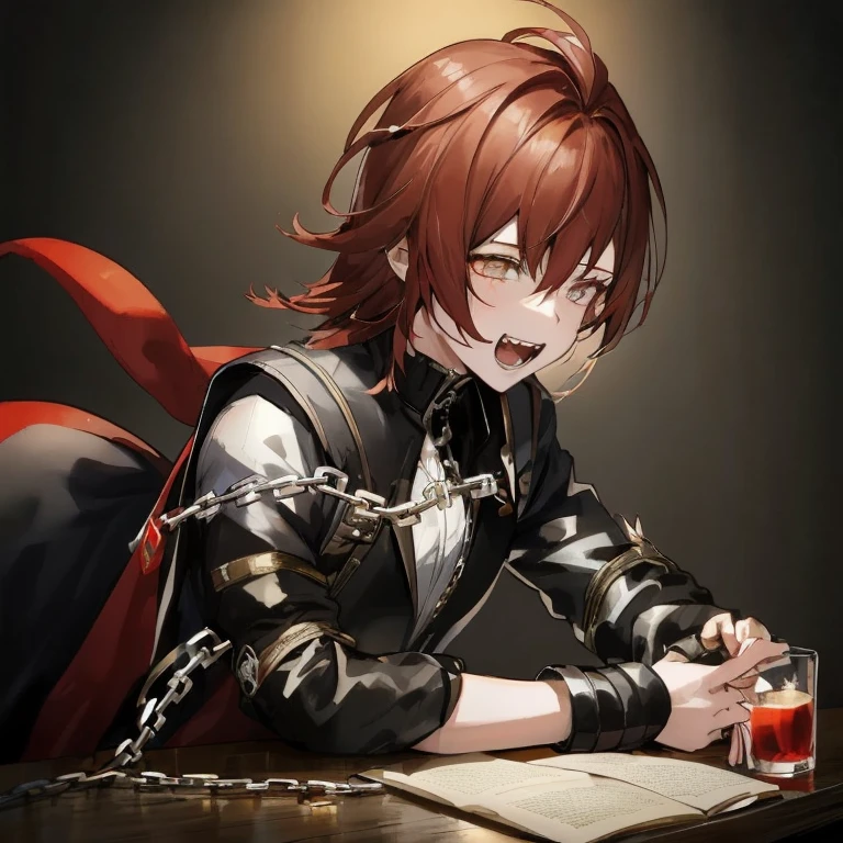 Anime girl with red hair and black cloak sitting at the table, Female protagonist 👀 :8, grinning lasciviously, from girls' frontline, [[[[grinning evily]]]], from arknights, Cunning smile, Female protagonist, Fine details. girls' frontline, cunning expression, Ayaka Genshin Impact, keqing from genshin impact