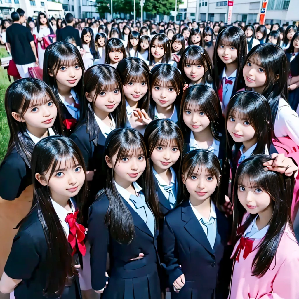 absurdres, Raw photo、(((multiple girls))),((((6+girls)))),((((1000girls)))),(((10000girls)))、((((100000 girls))))、Women only、The same face、((matching school uniform))、(((Adhesion)))、************、Long black hair、10,000 cute girls going to school、a smile、Commuting to school、School route、In the street、selfee、same person、(((A large group of people filling the area)))、(((A large group filling the horizon)))、a junior high school student