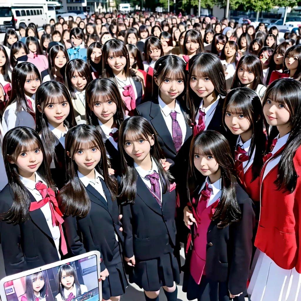 absurdres, Raw photo、(((multiple girls))),((((6+girls)))),((((1000girls)))),(((10000girls)))、((((100000 girls))))、Women only、The same face、((matching school uniform))、(((Adhesion)))、************、Long black hair、10,000 cute girls going to school、a smile、Commuting to school、School route、In the street、selfee、same person、(((A large group of people filling the area)))、(((A large group filling the horizon)))、a junior high school student