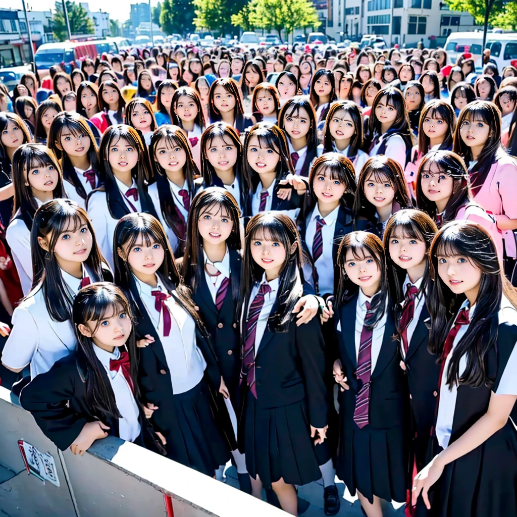 absurdres, Raw photo、(((multiple girls))),((((6+girls)))),((((1000girls)))),(((10000girls)))、((((100000 girls))))、Women only、The same face、((matching school uniform))、(((Adhesion)))、************、Long black hair、10,000 cute girls going to school、a smile、Commuting to school、School route、In the street、selfee、same person、(((A large group of people filling the area)))、(((A large group filling the horizon)))、a junior high school student