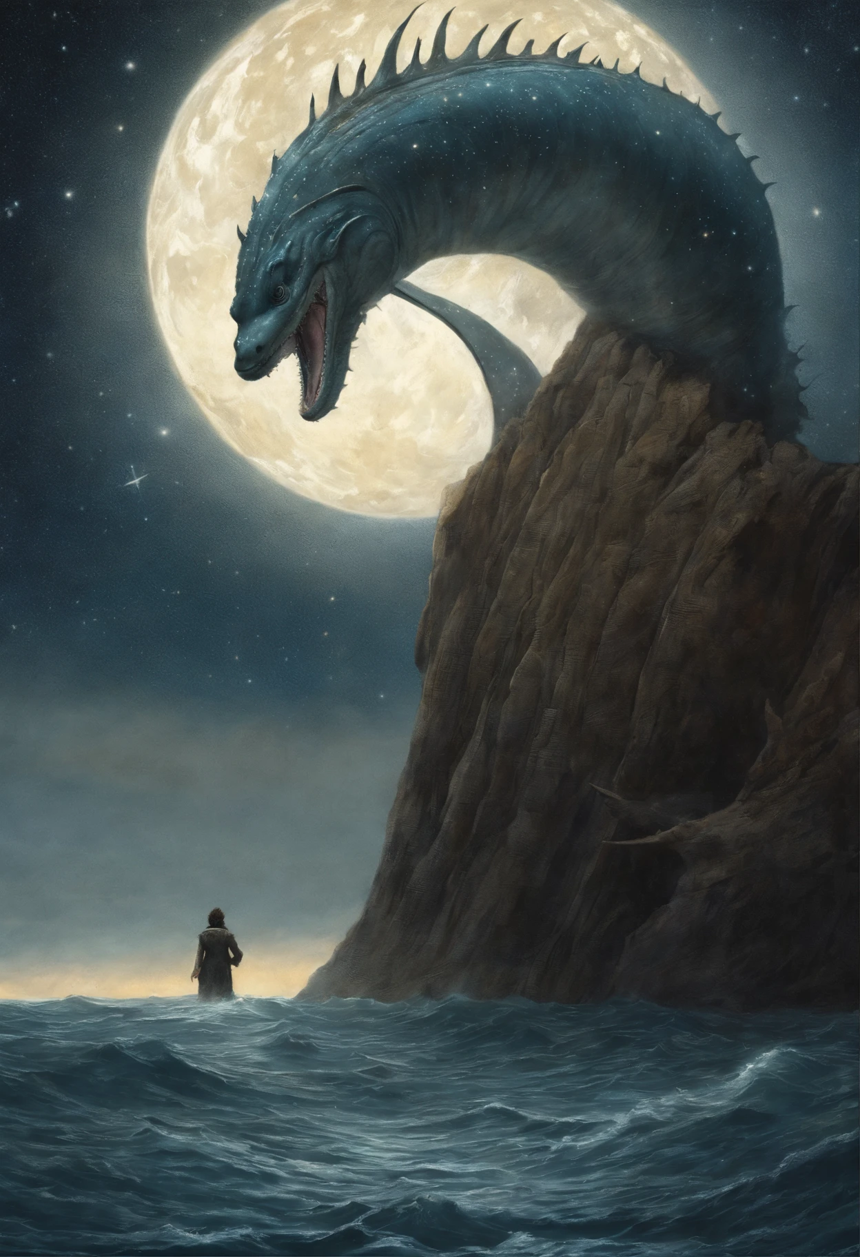 A huge Leviathan jumps out of the starry sea, Magnetic storms, the night, starry sky sea, huge Leviathan in the starry sky, Jean-Baptiste Monge, anthropomorphic --ar 2:3 --testp -optimistic; straight hair