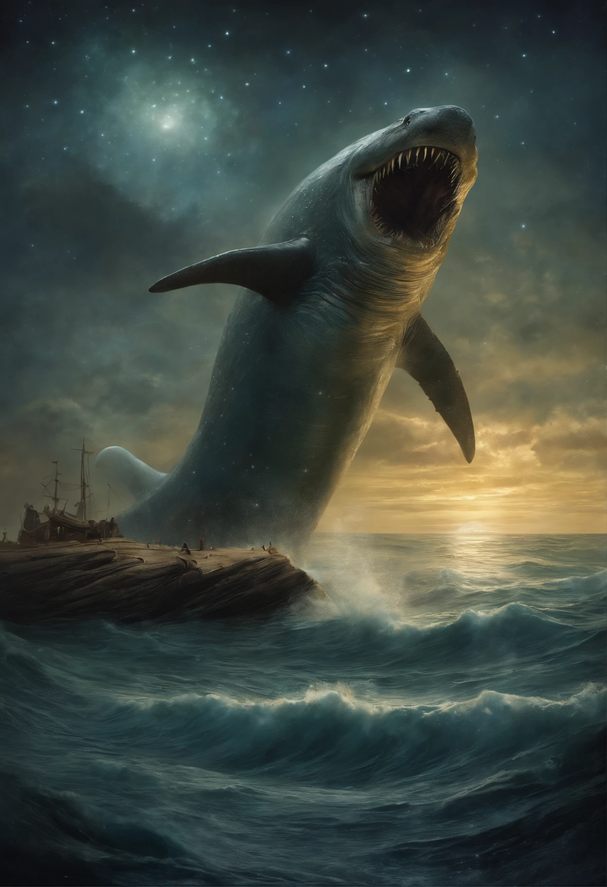 A huge Leviathan jumps out of the starry sea, Magnetic storms, the night, starry sky sea, huge Leviathan in the starry sky, Jean-Baptiste Monge, anthropomorphic --ar 2:3 --testp -optimistic; straight hair