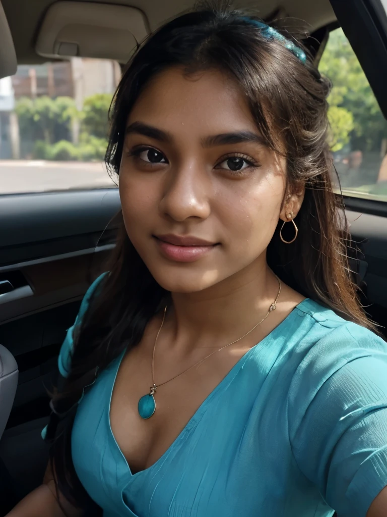 ((self-taken photo)), natural colors, ((selfie photo)), of a 22-year-old Sri Lankan woman named Kasuni, (dark long ponytail hair), dark fair skin, black eyes, feminine features, iPhone, mobile quality, mobile focus, tack smooth, Instagram filter, TikTok filter, detailed face, detailed eyes, oiled skin, profile picture, smiling, ((sitting inside a car)), ((turquoise dress, ladies jewelry)), natural lighting.