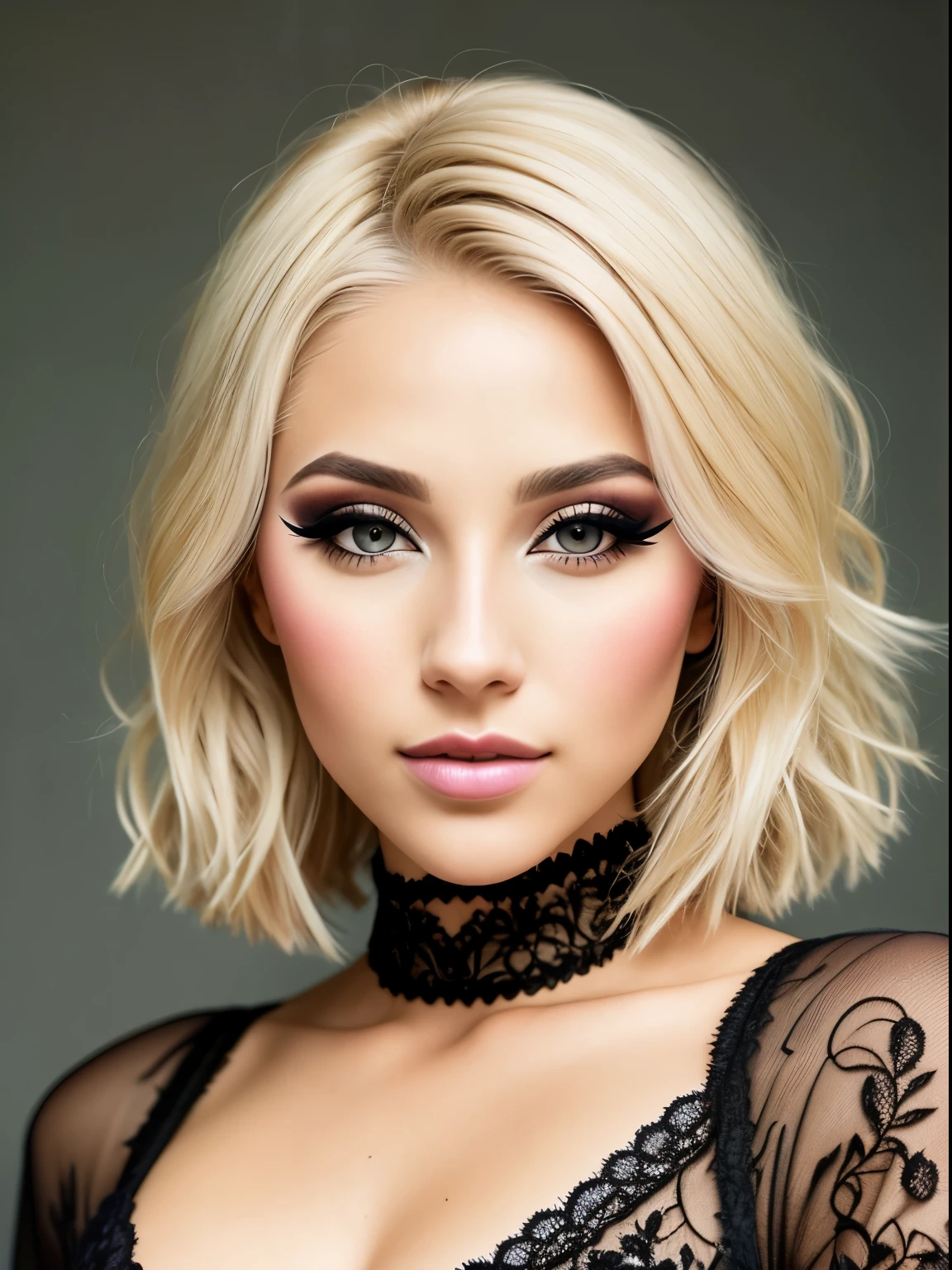 A portrait of a blonde, (makeup:1.4), amazing body, (fit body:1.2), lace outfit, highly detailed fur, natural skin texture, 4k textures, detailed belly, Highly detailed perfect , Lightroom, Intricate, Ultra-Realistic, Out There, (HDR:1.3), UHD, (Intricate Detail, Hyper-Detailed:1.1), Cinematic, Photoreal, (Dark Shot:1.2), Dramatic, High Contrast, (Warm Color:1.1) , muted colors, master piece, elegant, sharp focus, hijab