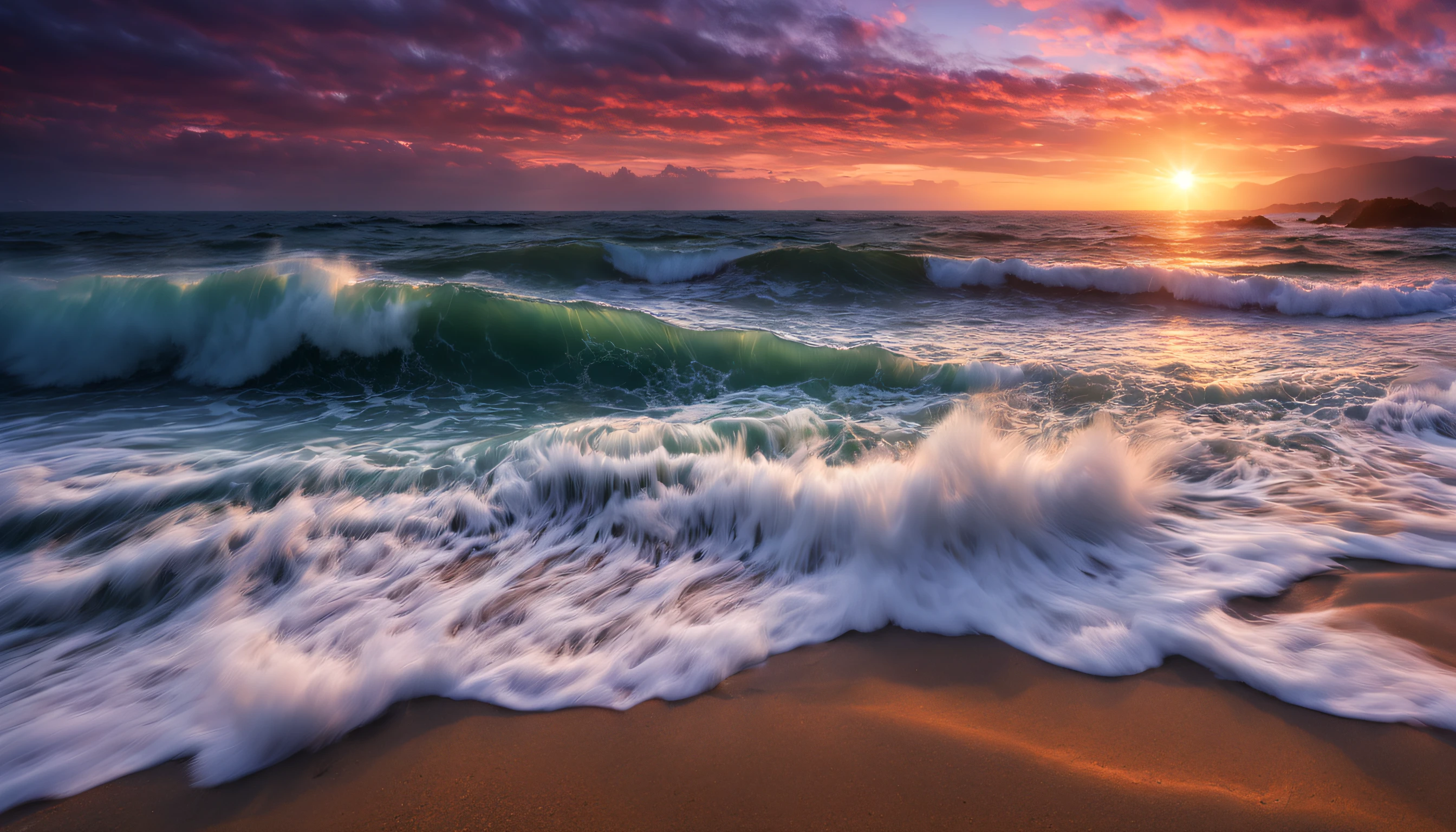 arafed view of a dawn over the ocean with waves crashing, chaotic sea setting, breathtaking colors, breathtaking look, breathtaking composition, beautiful sea landscapes, stunning dawn, magnificent background, dawn glow, beautiful background, beautiful dreamy breathtaking, marc adamus, warm beautiful scene, epic dawn, beautiful dawn, beautiful dawn glow, beautiful ocean