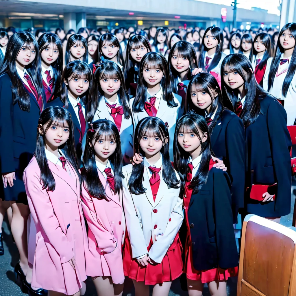 absurdres, Raw photo、(((multiple girls))),((((6+girls)))),((((1000girls)))),(((10000girls)))、((((100000 girls))))、Women only、The same face、((matching school uniform))、(((Adhesion)))、6 years old、Long black hair、10,000 cute girls going to school、a smile、Commuting to school、School route、In the street、selfee、same person、(((A large group of people filling the area)))、(((A large group filling the horizon)))、elementary student