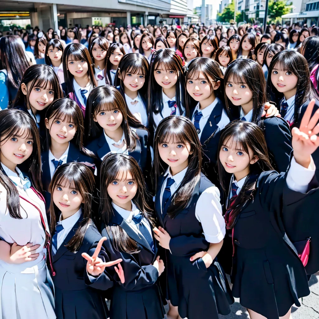 absurdres, Raw photo、(((multiple girls))),((((6+girls)))),((((1000girls)))),(((10000girls)))、((((100000 girls))))、Women only、The same face、((matching school uniform))、(((Adhesion)))、6 years old、Long black hair、10,000 cute girls going to school、a smile、Commuting to school、School route、In the street、selfee、same person、(((A large group of people filling the area)))、(((A large group filling the horizon)))、elementary student