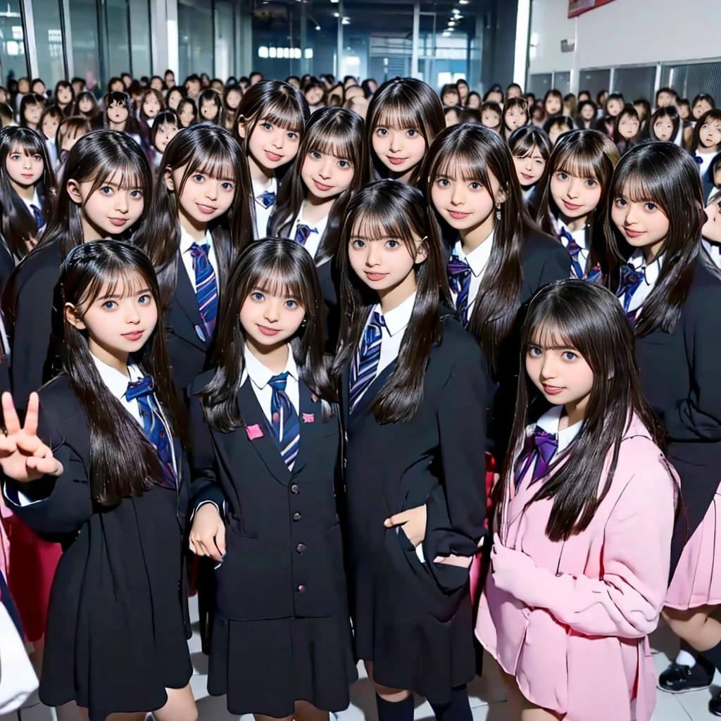 absurdres, Raw photo、(((multiple girls))),((((6+girls)))),((((1000girls)))),(((10000girls)))、((((100000 girls))))、Women only、The same face、((matching school uniform))、(((Adhesion)))、6 years old、Long black hair、10,000 cute girls going to school、a smile、Commuting to school、School route、In the street、selfee、same person、(((A large group of people filling the area)))、(((A large group filling the horizon)))、elementary student