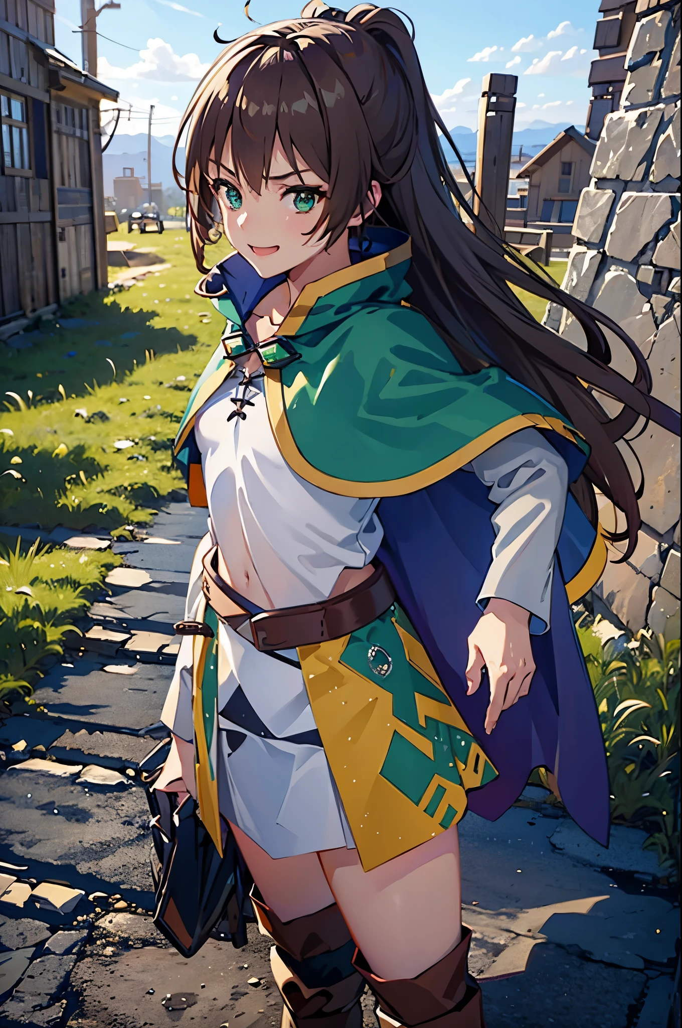 masterpiece, best quality, 1girl, kazuma girl, cowboy shot, (female body:1.3), (small body), , long hair, brown hair, green eyes, green cape, capelet, boots, black pant, field, smiling, hand to hip, landscape, standing,finely detailed eyes and detailed face, extremely detailed CG unity 8k wallpaper, intricate details,depth of field, black pant, looking at viewer,