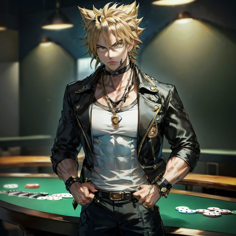 Close-up of a person standing in front of a table with a poker table, as a character in tekken, badass anime 8 K, male anime characters, dio brando, an epic anime of tuff luck, Handsome Anime Pose, makoto shinka, fighting game character, handsome guy in demon slayer art, playing poker, anime style character, keqing from genshin impact